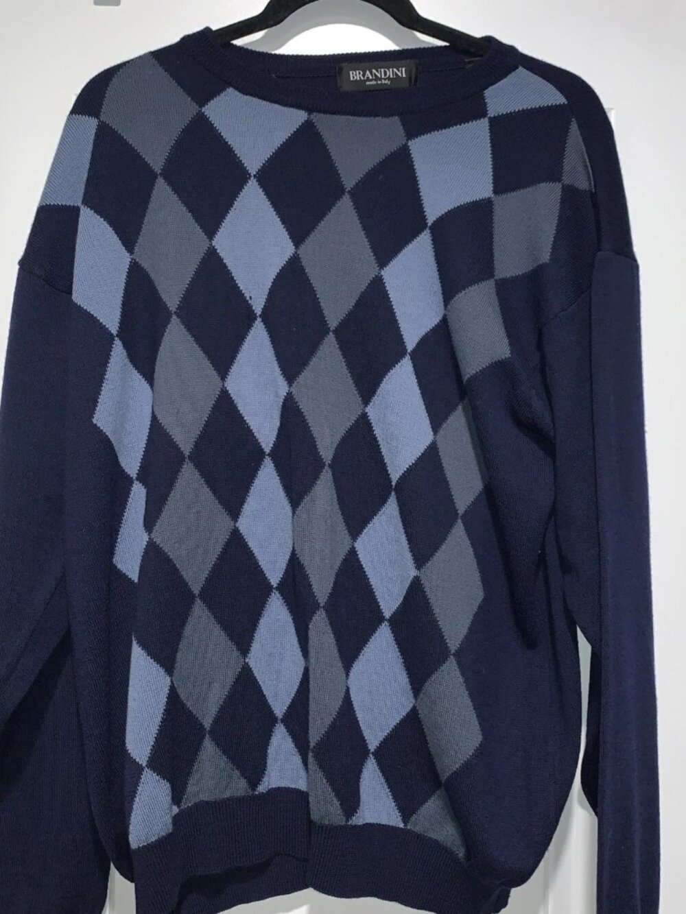 Brandini Sweater Blue Argyle Mens Large Woolmark Flaws Wool Italy Pullover
